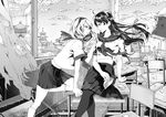  architecture arm_support breasts building chair closed_mouth cloud crossed_legs curtains desk east_asian_architecture glass_shards greyscale hairband holding holding_mask kneehighs kurofuji_nekotarou long_hair looking_at_another mask medium_breasts midriff monochrome multiple_girls original pantyhose parted_lips pleated_skirt school_desk school_uniform serafuku shirt shoes sitting skirt very_long_hair wind yuri 