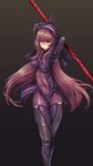  absurdres arms_behind_head arms_up bodysuit breasts covered_navel fate/grand_order fate_(series) gae_bolg highres leotard long_hair medium_breasts navel polearm purple_bodysuit purple_hair red_eyes rou_(rou22) scathach_(fate)_(all) scathach_(fate/grand_order) solo spear thigh_gap very_long_hair weapon 