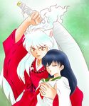  1boy 1girl animal_ears ascot black_hair brown_eyes carry couple dog_ears eyes_closed hakama higurashi_kagome inuyasha inuyasha_(character) long_sleeves monster_boy necklace red_shirt sailor_collar school_uniform serafuku sharp_nails slit_pupils sword tetsusaiga unconscious uniform weapon white_hair yellow_eyes 