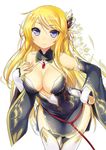  47agdragon bangs bare_shoulders black_dress blonde_hair blue_eyes blush breasts cleavage cover cover_page detached_collar detached_sleeves dress elf hair_ornament hand_on_hip highres isekai_no_hime_wa_ore_no_mono!_elf_musume_to_yarakasu_cheat_goudatsu_seikatsu large_breasts leaning_forward long_hair looking_at_viewer mina_(isekai_no_hime_wa_ore_no_mono!) novel_cover official_art original pelvic_curtain pointy_ears side_slit simple_background smile solo thighhighs white_background white_legwear wide_sleeves 