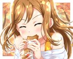  ^_^ autumn_leaves baguette bangs bread brown_hair chocokin closed_eyes commentary_request eating eyebrows eyebrows_visible_through_hair food food_in_mouth full_mouth holding holding_food kunikida_hanamaru long_hair love_live! love_live!_sunshine!! off-shoulder_shirt shirt signature solo upper_body 