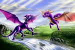  anklet armor blue_eyes claws collar day dirt dragon field grass horn jewelry mountain purple_eyes purple_scales river rock scale scales smile spyro spyro_the_dragon stones sunshine tree unknown_artist video_games wallpaper water white_horn wings yellow_horn 