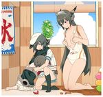  bangs bare_shoulders barefoot belt_pouch black_hair black_legwear blinds breasts cape cloud commentary convenient_leg cosplay costume_switch covering covering_breasts covering_nipples crab day diving_mask_on_head embarrassed eyepatch flat_cap green_eyes green_hair hat headgear height_difference hug indoors kantai_collection kiso_(kantai_collection) kneehighs kneeling kodama_(wa-ka-me) kooribata long_hair maru-yu_(kantai_collection) maru-yu_(kantai_collection)_(cosplay) medium_breasts multiple_girls nagato_(kantai_collection) nagato_(kantai_collection)_(cosplay) no_shoes one_knee oversized_clothes parted_lips plant pleated_skirt potted_plant pouch red_eyes school_swimsuit school_uniform serafuku short_hair skirt skirt_lift smile swimsuit sword torn_clothes torn_swimsuit undersized_clothes very_long_hair weapon white_school_swimsuit white_swimsuit window wooden_floor 