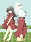  1boy 1girl animal_ears back-to-back barefoot black_hair bottomless brown_eyes costume_swap couple crossed_arms dog_ears higurashi_kagome inuyasha inuyasha_(character) necklace standing white_hair yellow_eyes 