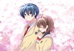  1girl antenna_hair blue_eyes blue_hair brown_hair cherry_blossoms clannad closed_eyes couple daamiyan furukawa_nagisa hetero hikarizaka_private_high_school_uniform okazaki_tomoya school_uniform short_hair smile 