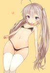  absurdres ahoge bare_shoulders bikini black_bikini blue_eyes blush breasts fang highres long_hair looking_at_viewer navel original ruiten silver_hair simple_background small_breasts smile solo swimsuit thighhighs twintails very_long_hair white_legwear 