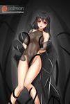  arms_behind_back bare_legs bare_shoulders black_hair breasts cleavage collarbone covered_navel covered_nipples highleg highleg_leotard leotard long_hair medium_breasts midnight_(banyex) navel open_mouth original red_eyes see-through skin_tight solo tentacles 
