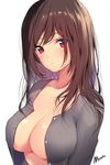  :&lt; blush breasts brown_hair cardigan cleavage collarbone commentary_request large_breasts long_hair looking_at_viewer matarou_(genkai_toppa) no_bra open_cardigan open_clothes original red_eyes signature simple_background solo white_background 