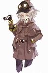  belt coat cropped_legs deerstalker detective goggles goggles_on_headwear green_eyes grey_hair hand_on_hip hat holding holding_pipe mechanical_arm original pipe prosthesis shiromiso short_hair simple_background solo steampunk white_background 