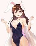  :d animal_ears bangs bare_shoulders black_leotard breasts brown_eyes brown_hair bunny_ears bunnysuit collarbone covered_navel cowboy_shot highleg highleg_leotard idolmaster idolmaster_cinderella_girls leotard long_hair looking_at_viewer medium_breasts nitta_minami off_shoulder open_mouth outstretched_wrists shovelwell simple_background smile solo swept_bangs twitter_username w_arms 