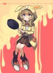 animal_ears animal_hood bangs black_legwear blonde_hair blue_eyes blush_stickers bow bowtie brown_skirt bunny_ears bunny_hood buttons collared_shirt danganronpa danganronpa_3 egg fake_animal_ears flat_chest flipped_hair food food_on_head frying_pan full_body green_eyes heterochromia holding honzumaru hood hoodie invisible_chair long_sleeves looking_at_viewer loose_socks miniskirt object_on_head open_clothes open_hoodie parted_lips pleated_skirt raised_eyebrows red_background red_bow red_neckwear sad school_uniform shirt simple_background sitting skirt slippers socks solo sunny_side_up_egg tearing_up two-tone_background umesawa_aiko white_shirt yellow_background 