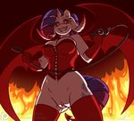  2016 anthro anthrofied breasts clitoris clitoris_piercing clothed clothing collar equine ethanqix female fire friendship_is_magic genital_piercing gloves grin hair holding_object horn leash legwear looking_at_viewer mammal my_little_pony piercing pussy pussy_piercing rarity_(mlp) red_eyes solo succubus thigh_highs wings 