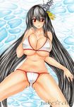  artist_name bikini black_hair breasts fusou_(kantai_collection) highres huge_breasts kantai_collection long_hair looking_at_viewer marker_(medium) mole mole_under_eye navel red_eyes solo swimsuit takecha traditional_media very_long_hair white_bikini 