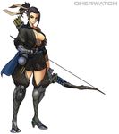  absurdres arrow black_hair bow_(weapon) breasts dragon_tattoo full_body genderswap genderswap_(mtf) gloves hair_ribbon hanzo_(overwatch) highres holding holding_weapon japanese_clothes long_hair looking_at_viewer medium_breasts muhut off_shoulder overwatch ponytail quiver ribbon simple_background single_glove solo standing strap tattoo title_parody weapon white_background 