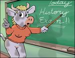  andyantelope anthro blonde_hair bottomless bovine cattle clothed clothing ear_piercing female hair horn mammal piercing pussy solo spots sweater teacher 