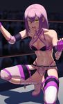 absurdres bare_shoulders boots breasts cleavage fingerless_gloves gloves highres ibuki_imina long_hair looking_at_viewer medium_breasts open_mouth purple_gloves purple_hair school_girl_strikers shigatsugata skindentation solo squatting teeth wrestling_outfit wrestling_ring yellow_eyes 