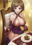  :d bangs black_panties blue_eyes blush breasts brown_hair chair cleavage collarbone commentary cup detached_sleeves dress dress_lift drinking_glass elbow_gloves eyelashes food gloves halterneck holding holding_cup knife lace lace-trimmed_panties large_breasts looking_at_viewer meat mole mole_under_eye open_mouth original panties plate potato_(sksnabi) purple_gloves revealing_clothes short_hair sitting smile solo sparkle steak swept_bangs tablecloth tsurime underwear v-shaped_eyebrows wine_glass 
