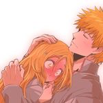  1girl 3mm bleach blonde_hair blush closed_eyes couple full-face_blush hair_ornament hetero hug inoue_orihime kurosaki_ichigo long_hair lowres orange_hair school_uniform yellow_eyes 