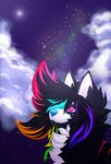  absurd_res amazonianashe ambiguous_gender black_fur blue_nose canine cloud detailed_background feral fluffy fur galaxy hi_res looking_up mammal multicolored_fur night purple_eyes rainbow_fur sky solo star starry_sky wolf 
