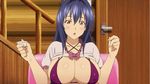  1girl animated animated_gif between_breasts blue_hair blush bounce bouncing_breasts breasts cellphone cleavage_reach female huge_breasts indoors jiggle maken-ki! nijou_aki phone solo upper_body 