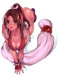  all_fours ass breasts brown_eyes brown_hair cleavage fatal_fury fingerless_gloves gloves hair_ribbon hifumi_(art_sky_littel) japanese_clothes large_breasts lips ninja ponytail revealing_clothes ribbon rope shimenawa shiranui_mai sideboob solo tabi the_king_of_fighters v_arms 