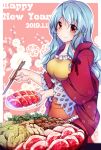  1girl amagumo breasts cabbage chopsticks collarbone commentary_request dated dress floral_background floral_print food hair_between_eyes hanten_(clothes) happy_new_year head_tilt highres holding holding_chopsticks holding_plate large_breasts layered_dress light_blue_hair long_hair looking_at_viewer meat mushroom nabe new_year pink_background plate red_eyes sakata_nemuno smile solo standing touhou very_long_hair 