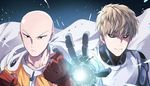  bad_id bad_pixiv_id bald brown_hair clenched_hand collarbone eunram genos gloves looking_at_viewer male_focus multiple_boys one-punch_man red_gloves saitama_(one-punch_man) 