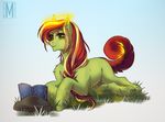  2016 book equine eyelashes fan_character female feral fur grass green_eyes green_fur hair hooves lying mammal margony my_little_pony nude reading red_hair rock simple_background smile 