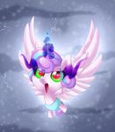  2016 animated diaper equine feathered_wings feathers female feral flurry_heart_(mlp) flying friendship_is_magic fur glowing glowing_eyes hair horn magic mammal multicolored_hair my_little_pony open_mouth outside scarlet-spectrum sky solo spread_wings white_feathers white_fur winged_unicorn wings young 