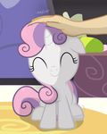  2016 disembodied_hand equine eyes_closed female feral friendship_is_magic fur hair hi_res horn inside magic mammal multicolored_hair my_little_pony shutterflyeqd smile solo sweetie_belle_(mlp) two_tone_hair unicorn white_fur 