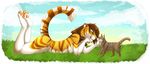  2014 anthro boop breasts brown_eyes brown_hair cat duo eye_contact feline feral fur hair hi_res lying mammal nude on_front pawpads raised_tail side_boob smile standing striped_fur stripes tiger wolfhearts 