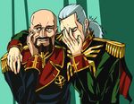  aiguille_delaz anavel_gato bald beard commentary eli_mintzer epaulettes facial_hair gundam gundam_0083 laughing meme military military_uniform multiple_boys parody ponytail reaction uniform white_hair young_women_laughing_in_photo_booth zeon 