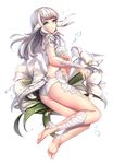  aqua_eyes aruma_jiki ass au_ra bangs barefoot feet final_fantasy final_fantasy_xiv flat_ass flower full_body horns lily_(flower) long_hair looking_at_viewer scales silver_hair simple_background solo tail toes water water_drop white white_background 