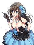  armband bangs bare_shoulders black_gloves black_hair blue_eyes blue_flower blue_rose blush breasts cleavage collarbone dress eyebrows eyebrows_visible_through_hair floral_print flower fumika_bug gloves hair_between_eyes hair_flower hair_ornament hairband hand_on_hip idolmaster idolmaster_cinderella_girls idolmaster_cinderella_girls_starlight_stage index_finger_raised jewelry long_hair looking_at_viewer medium_breasts midriff necklace petals print_gloves ririko_(zhuoyandesailaer) rose sagisawa_fumika simple_background smile solo strapless strapless_dress white_background 