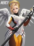  armor black_gloves blonde_hair blue_eyes bodysuit breastplate breasts breasts_apart brown_legwear character_name cowboy_shot eyelashes faulds gloves grey_background hand_up headgear high_collar highres holding holding_staff large_breasts lips loincloth long_hair long_sleeves mechanical_halo mechanical_wings mercy_(overwatch) overwatch pantyhose parted_lips pelvic_curtain pink_lips ponytail simple_background skin_tight solo spread_wings staff swiss_flag turtleneck weapon wings yamaneko_(tkdrumsco) 