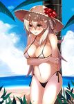  arm_behind_back beach bikini blue_sky blush braid breast_hold breasts cloud day embarrassed fate/grand_order fate_(series) flower hair_between_eyes hat hat_flower highleg highleg_bikini large_breasts long_hair micro_bikini midriff navel ocean olga_marie_animusphere orange_eyes outdoors palm_tree short_braid side-tie_bottom sideboob sky solo straw_hat sun_hat swimsuit thighs tree underboob yuge_(yuge_bakuhatsu) 