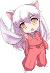  1boy animal_ears barefoot chibi dog_ears inuyasha inuyasha_(character) lady_suchiko long_hair male_focus necklace open_mouth simple_background solo sword tetsusaiga white_background white_hair yellow_eyes 