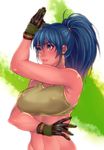  black_gloves blue_eyes blue_hair breasts covered_nipples crop_top earrings fighting_stance gloves hifumi_(art_sky_littel) jewelry large_breasts leona_heidern lips long_hair midriff nose ponytail solo the_king_of_fighters 