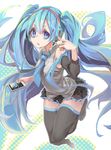  absurdres blue_eyes blue_hair cellphone detached_sleeves hatsune_miku headphones highres long_hair looking_at_viewer necktie phone reiga_(act000) skirt smartphone solo thighhighs twintails very_long_hair vocaloid 