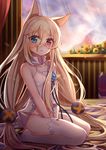  :o animal_ears blonde_hair blue_eyes blue_flower blue_rose blush curtains flower full_body g41_(girls_frontline) girls_frontline hair_between_eyes heterochromia highres long_hair looking_at_viewer low-tied_long_hair no_shoes panties red_eyes rose seiza sitting solo thighhighs twintails underwear v_arms white_legwear white_panties yuhuan 
