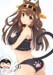  1girl =_= admiral_(kantai_collection) ahoge animal_ears bangs bell bell_collar black_panties breast_hold breasts brown_hair cat_cutout cat_ears cat_lingerie cat_tail cat_teaser cattail chibi cleavage_cutout closed_mouth collar cowboy_shot double_bun drooling hair_ornament hairband hat highres jingle_bell kantai_collection kemonomimi_mode kongou_(kantai_collection) large_breasts long_hair long_sleeves looking_at_viewer looking_back meme_attire mhong military military_uniform naval_uniform panties paw_print peaked_cap plant side-tie_panties simple_background tail underwear underwear_only uniform white_background 