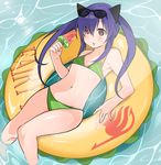  animal_ears bikini blue_hair blush brown_eyes eyewear_on_head fairy_tail fake_animal_ears flat_chest food innertube long_hair looking_at_viewer mikagelove navel popsicle solo sunglasses swimsuit triangle_mouth twintails water watermelon_bar wendy_marvell 
