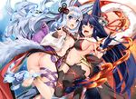  animal_ears anklet ass barefoot bell blue_eyes breasts erune feet fox_ears fox_shadow_puppet granblue_fantasy hair_bell hair_ornament jewelry large_breasts long_hair looking_at_viewer multiple_girls one_eye_closed open_mouth purple_hair red_eyes shinozuka_atsuto sideboob silver_hair socie_(granblue_fantasy) soles yuel_(granblue_fantasy) 