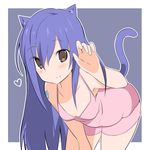  animal_ears bent_over blue_hair blush brown_eyes cat_ears cat_tail fairy_tail heart kemonomimi_mode leaning_forward long_hair looking_at_viewer mikagelove nightgown paw_pose simple_background smile solo tail tattoo wendy_marvell 