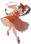  &gt;:( bow brown_eyes brown_hair chop detached_sleeves fighting_stance frown full_body hair_bow hair_tubes hakurei_reimu highres japanese_clothes loafers long_hair long_skirt miko pisoshi ponytail red_bow sarashi shoes skirt solo touhou v-shaped_eyebrows white_background 