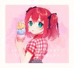  2016 :p aqua_eyes bangs border braid character_name copyright_name dated earrings food from_behind gingham hair_ribbon happy_birthday holding ice_cream ice_cream_cone jewelry kurosawa_ruby looking_at_viewer looking_back love_live! love_live!_sunshine!! pink_background plaid plaid_shirt red_hair ribbon sakura_yuki_(clochette) shirt short_sleeves side_braid solo sprinkles star star-shaped_pupils symbol-shaped_pupils tongue tongue_out triple_scoop two_side_up upper_body waffle_cone white_border 