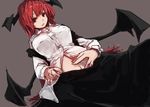  :o bat_wings belly_peek breasts collared_shirt colored_eyelashes commentary_request dutch_angle eyelashes from_below futatsuki_eru grey_background hair_between_eyes hand_on_hip hand_on_own_stomach head_wings highres koakuma large_breasts long_hair looking_at_viewer low_wings navel red_eyes red_hair shirt simple_background skirt skirt_set solo touhou unbuttoned upper_body very_long_hair vest white_shirt wings 