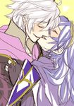  1girl blue_eyes blush closed_eyes couple fire_emblem fire_emblem:_kakusei hetero kiss long_hair lowres lucina male_my_unit_(fire_emblem:_kakusei) my_unit_(fire_emblem:_kakusei) popolanias short_hair smile white_hair 