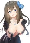  2016 bangs bent_over black_dress black_gloves black_hair blue_eyes blue_flower blue_rose blush breasts dress flower fumika_bug gloves hair_between_eyes hair_flower hair_ornament hairband idolmaster idolmaster_cinderella_girls idolmaster_cinderella_girls_starlight_stage large_breasts leaning_forward long_hair navel open_mouth rose sagisawa_fumika signature simple_background solo tilt-shift wavy_mouth white_background 