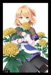  arm_warmers black_skirt blonde_hair closed_mouth commentary_request cowboy_shot flower green_eyes holding holding_flower isaki_(gomi) mizuhashi_parsee pointy_ears ponytail sash scarf short_hair short_sleeves skirt solo touhou white_background white_scarf windowboxed 